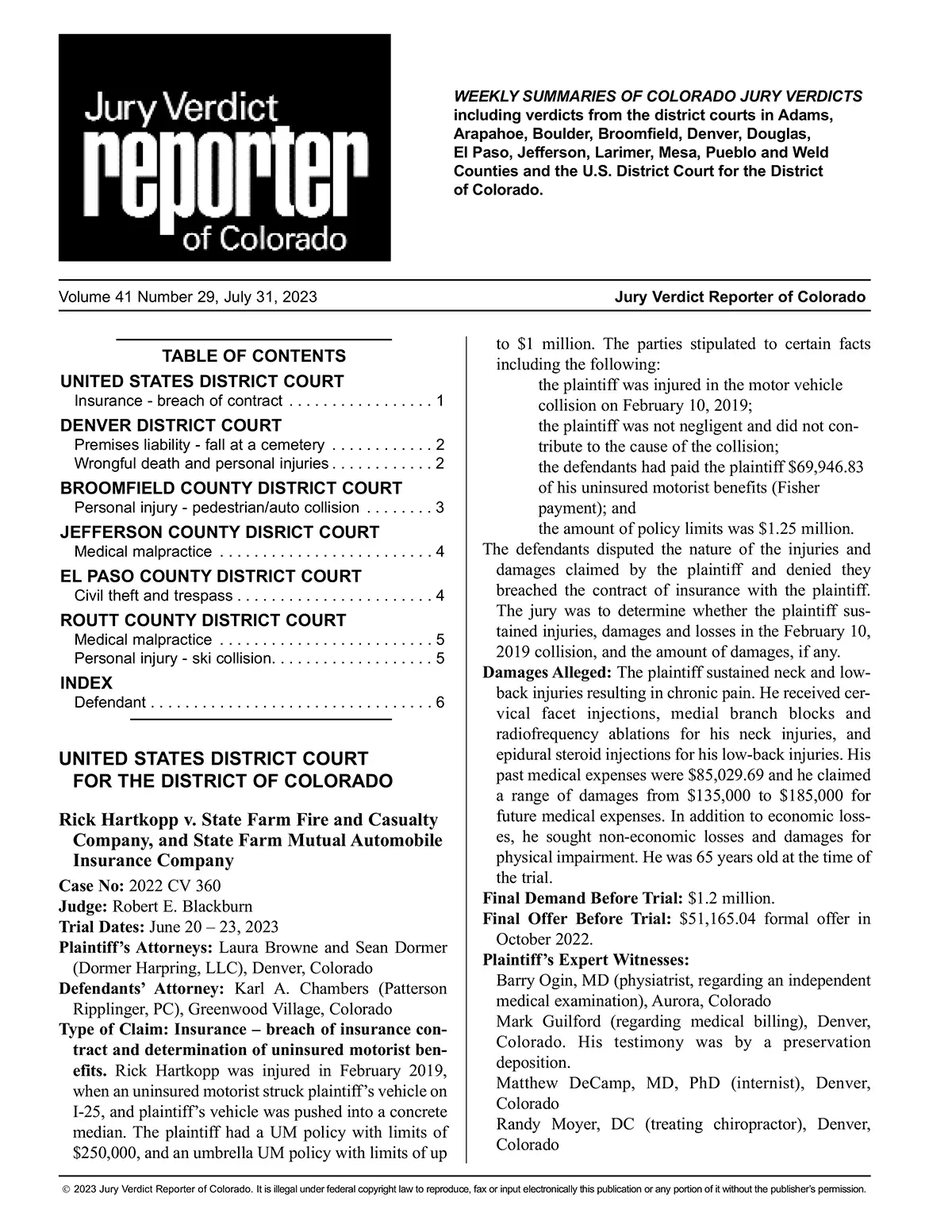 Sample issue of the Jury Verdict Reporter of Colorado